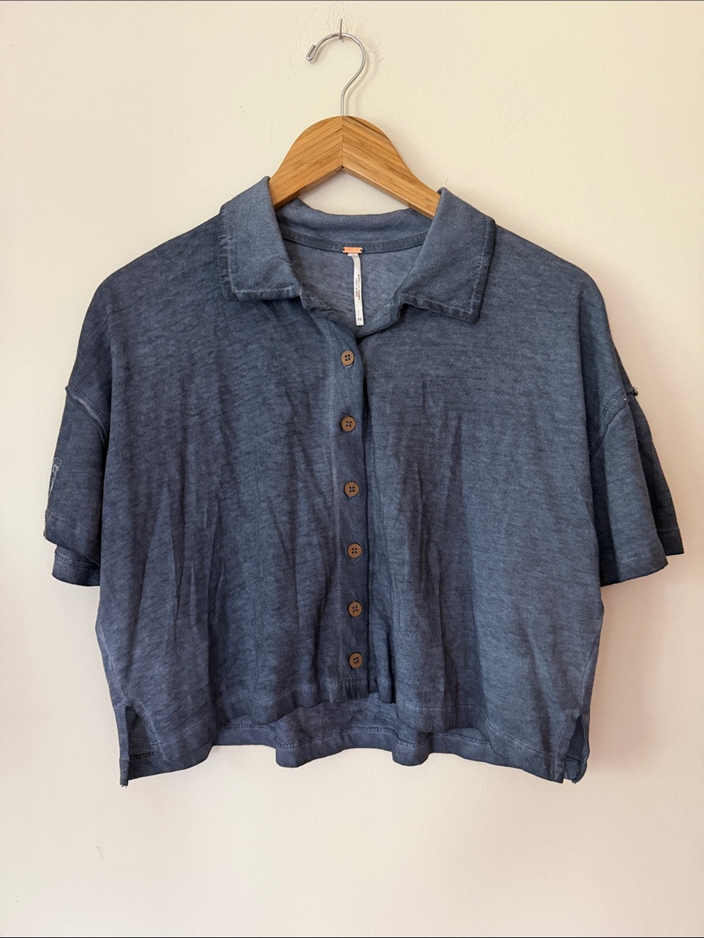Free People Cropped Button-Front Polo Top in Slate Blue